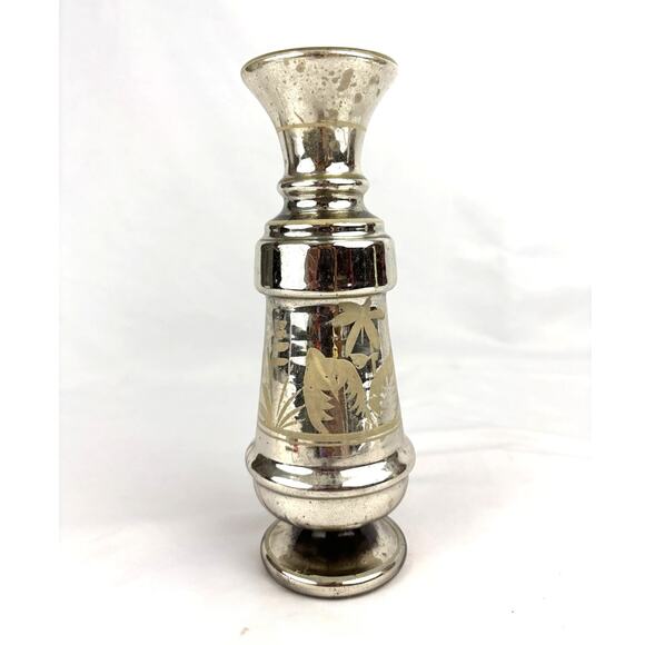 Victorian Antique Silver Mercury Glass Vase Floral Pattern Hand Blown 9” - Picture 1 of 11